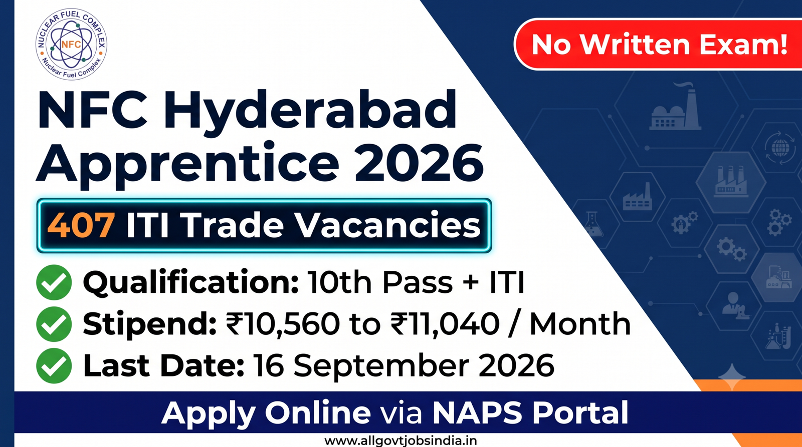NFC Apprentice Recruitment 2026 - 407 ITI Trade Apprentice vacancies