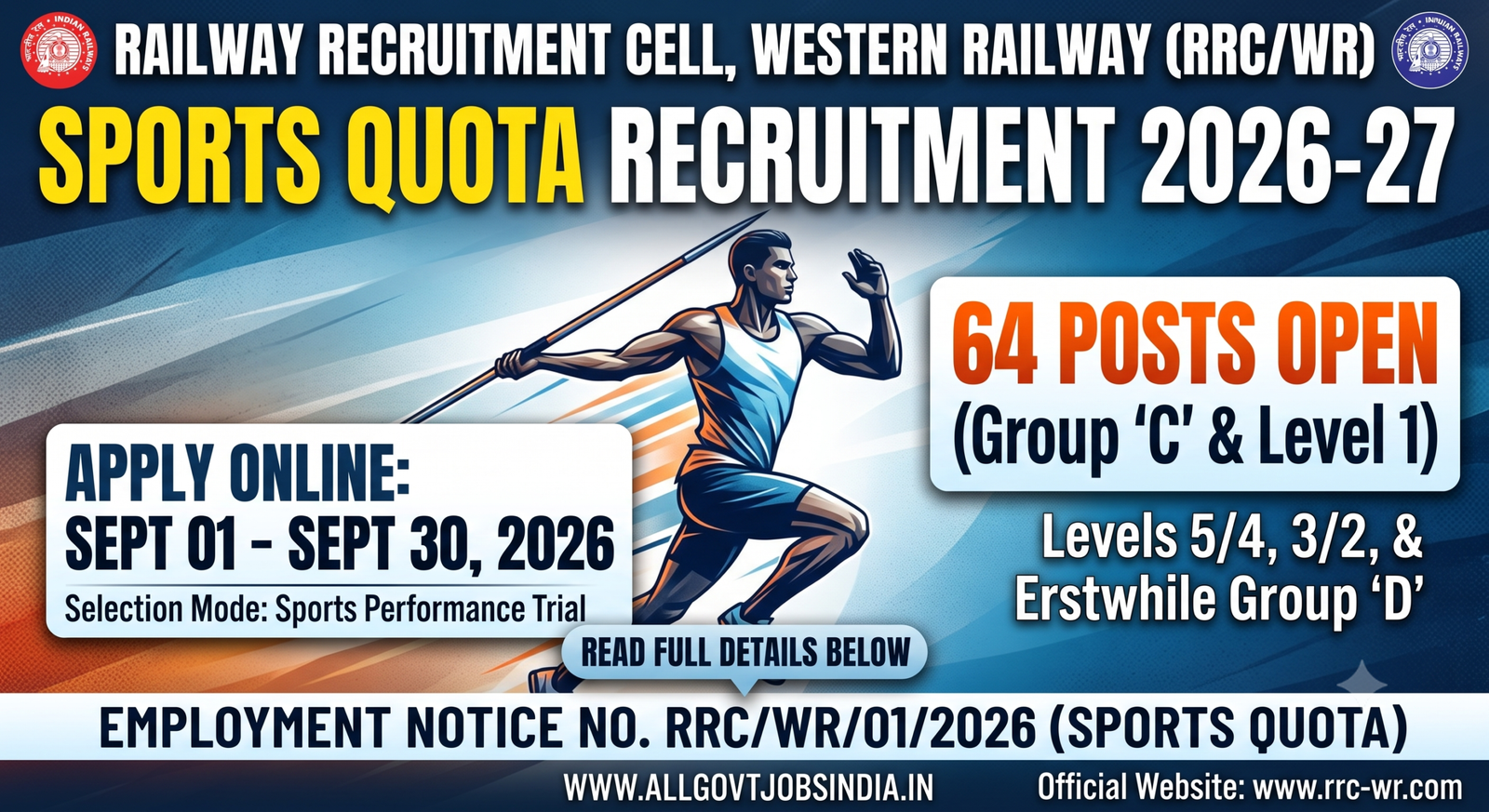 Western Railway Sports Quota Recruitment 2026 - 64 vacancies