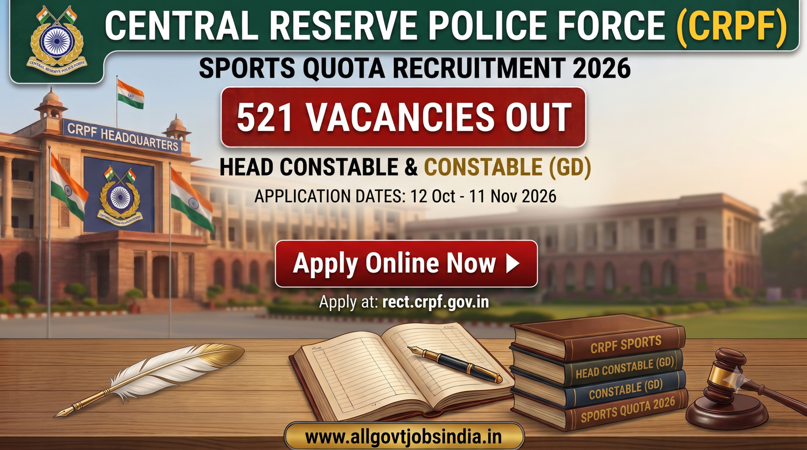 CRPF Sports Quota Recruitment 2026 for 521 Posts