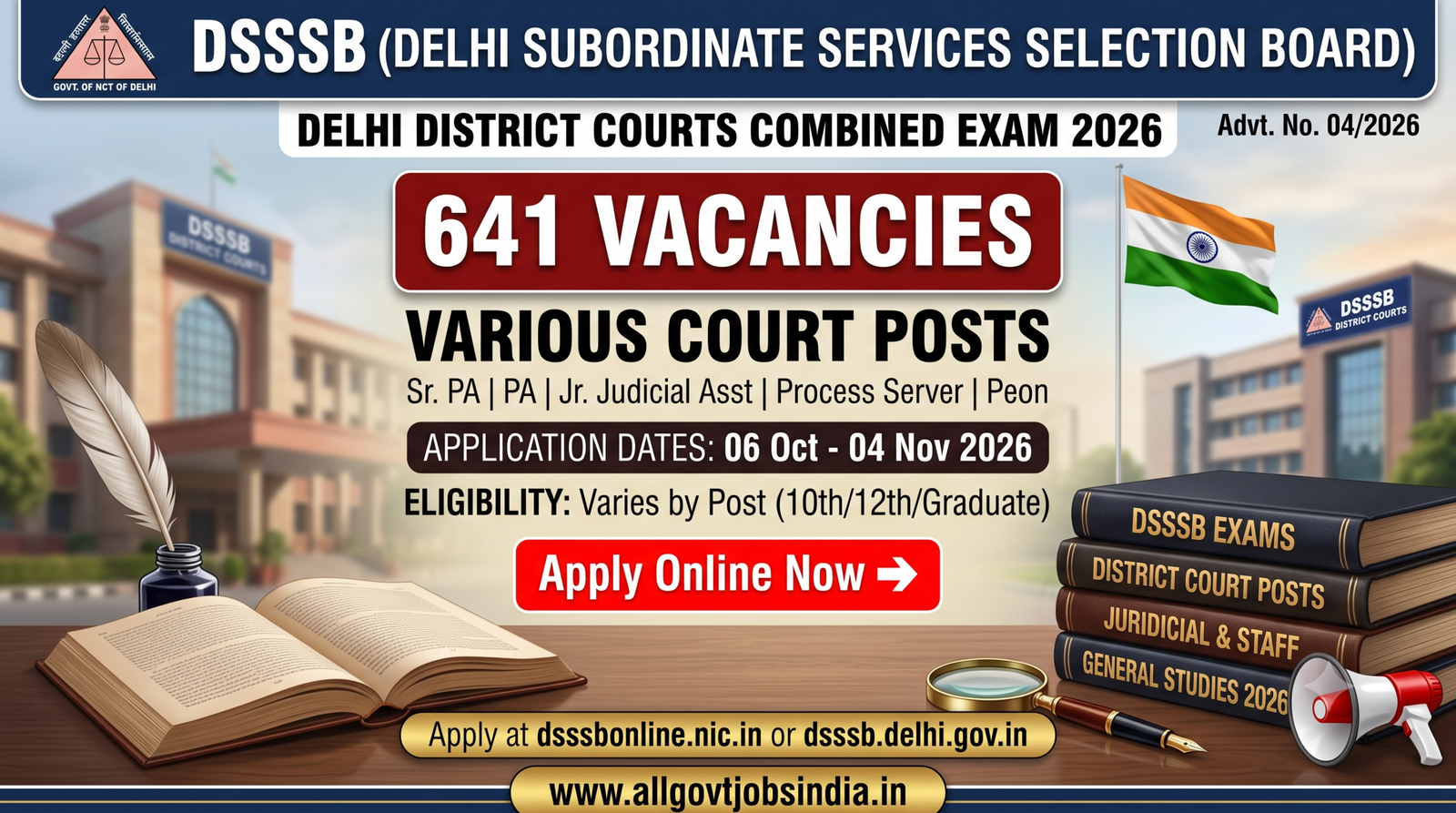 DSSSB Recruitment 2026 for 641 Delhi District Court Posts