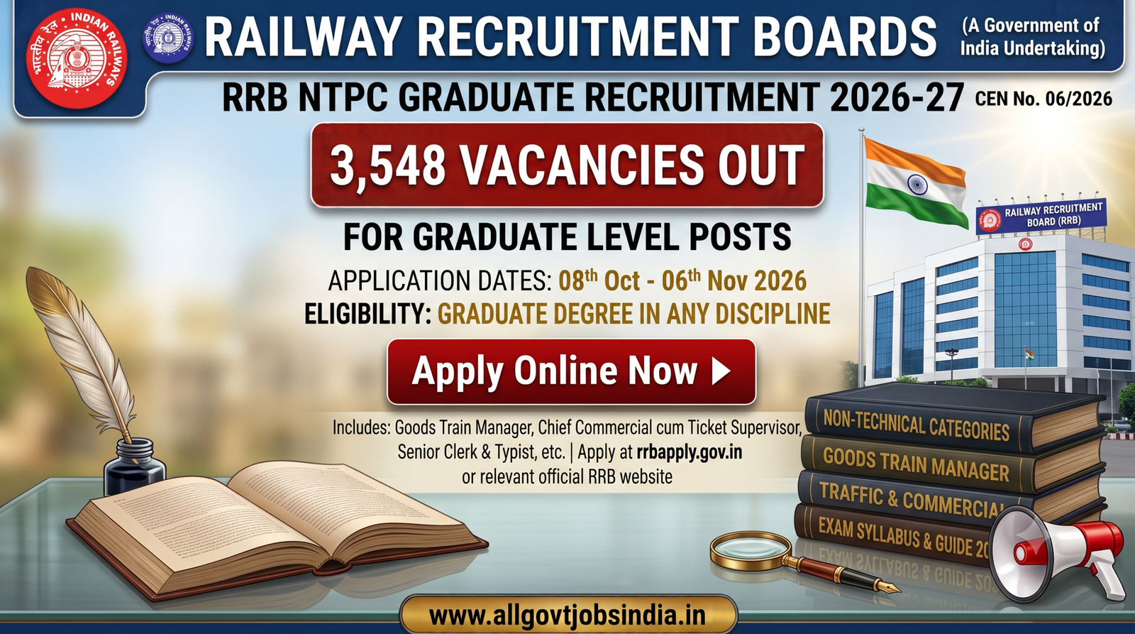 RRB NTPC Graduate Recruitment 2026 for 3548 Vacancies