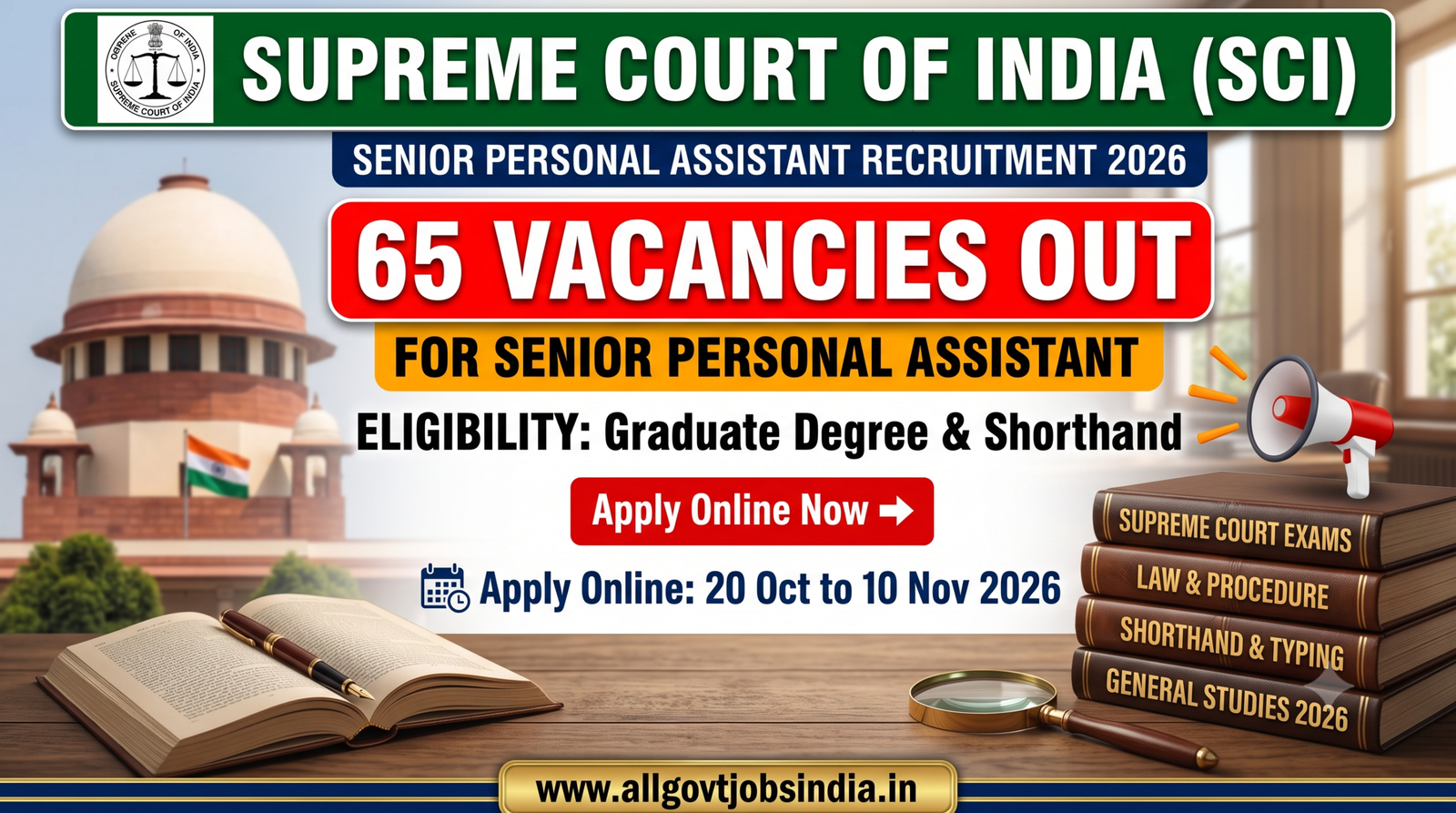 Supreme Court of India Senior Personal Assistant Recruitment 2026 for 65 Posts